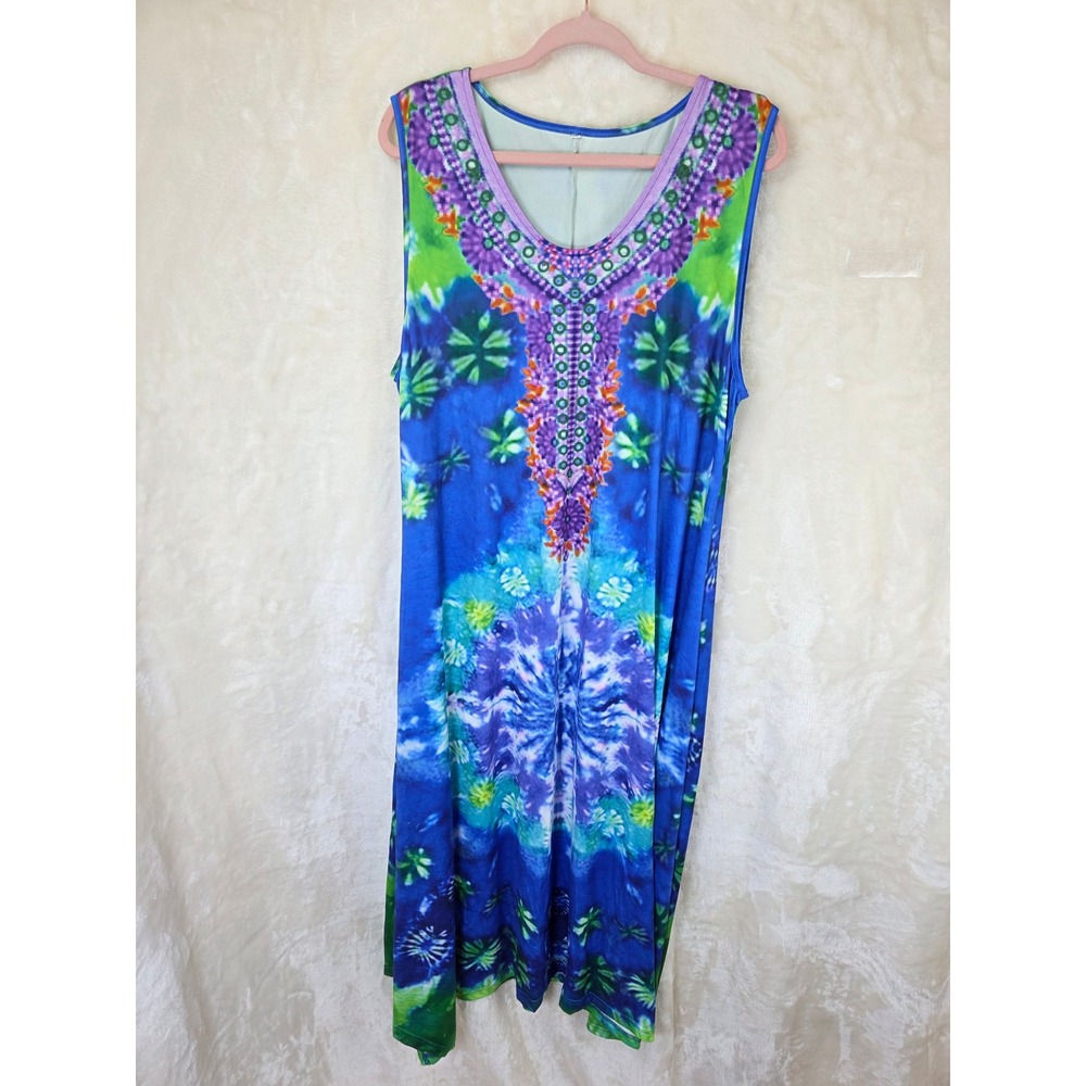 Lot of 2 Abstract Tie Dye Sleeveless‎ Midi Dresses Blue Green Multi